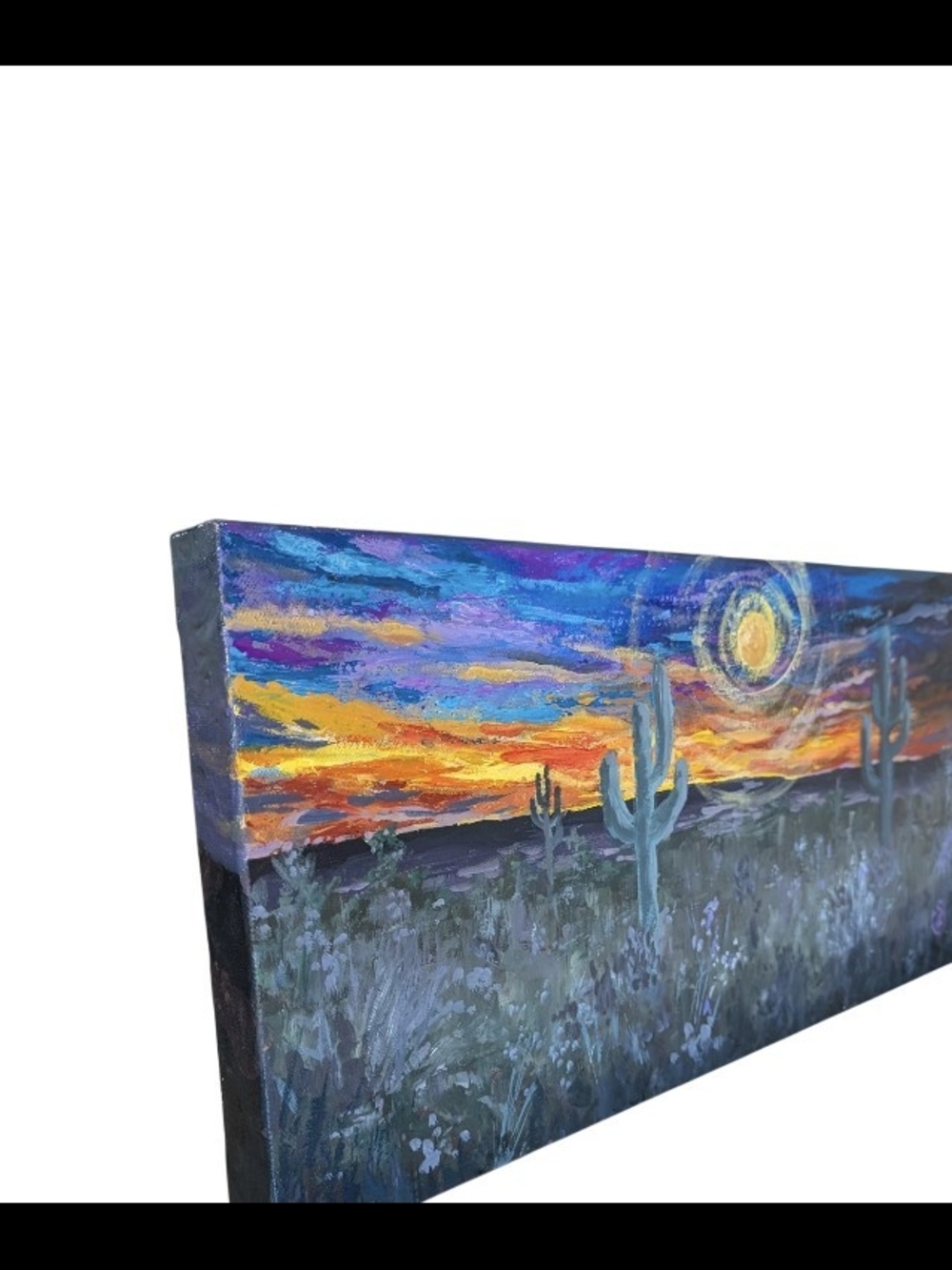 Original Southwest Twilight Cactus Painting on Stretched Canvas, 20" X 10"